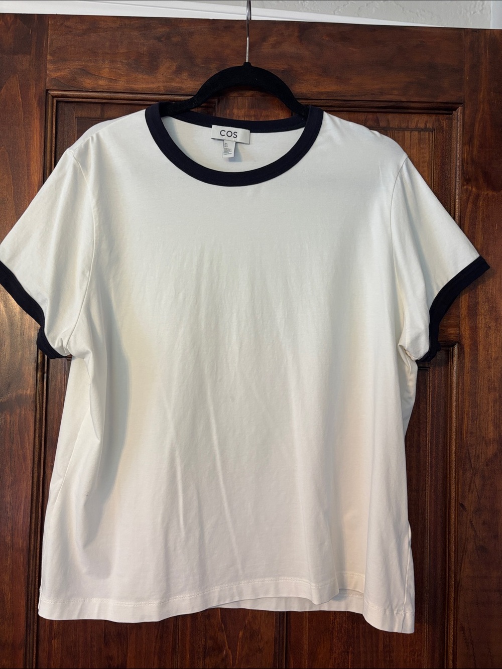 COS Crewneck Short Sleeve White Ringer Tee with Deep Navy Trim L